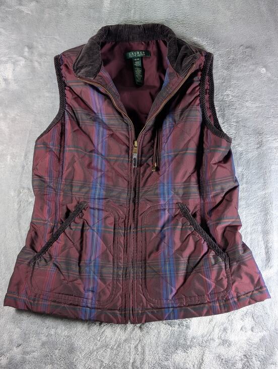 Lauren Ralph Lauren Jackets & Blazers - Lauren Ralph Lauren Vest Women's Med Burgundy Plaid Corduroy Trim Full Zip Y2K